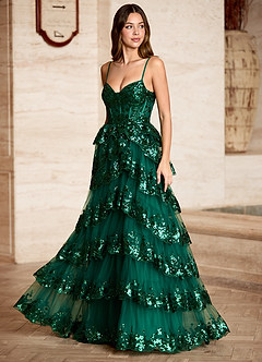 Tindra Green Sequins Ruffles Prom Dress image7