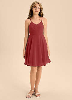 Azazie Avelina Junior Rust A-Line Pleated Chiffon Dress image4