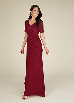 Azazie Amedeus At-home Try On Dresses Burgundy A-Line V-Neck Lace Chiffon Dress image3