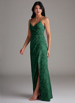 Azazie Maci Bridesmaid Dresses Dark Green Sheath Pleated Floral Burnout Dress image3