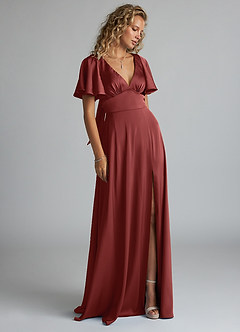 Azazie Kimber Robes de demoiselle d'honneur Robe Trapèze en Satin extensible Drapé Terracotta image4