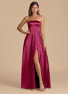 Azazie Wren 신부 들러리 드레스 A라인 스트랩리스 메탈릭 새틴 바닥 길이 드레스 image1