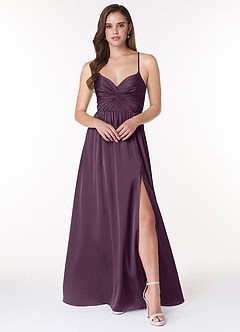 Azazie Raya Bridesmaid Dresses Plum A-Line V-Neck Pleated Stretch Satin Dress image1