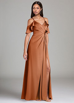 Azazie Dakota Robes de demoiselle d'honneur Robe Trapèze en Satin extensible Épaule décolletée Cuivre image1