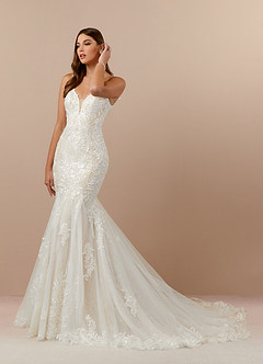 Azazie Camlynn Wedding Dresses Diamond White Champagne Mermaid V-Neck Sequins Tulle Dress image3