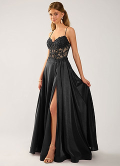 Isoldemark Black Corset Lace Satin Slit Prom Dress image3