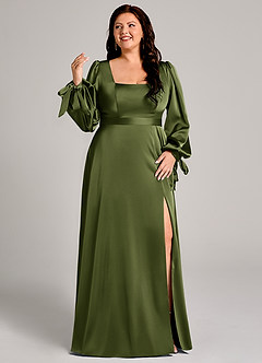 Azazie Leonia Bridesmaid Dresses Olive A-Line Long Sleeve Stretch Satin Dress image3