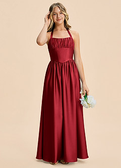 Azazie Kyrie Junior Scarlet A-Line Pleated Stretch Satin Dress image5