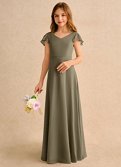 Azazie Nari Girls Formal vestidos de niña de las flores Vestido de Verde Sauce de Gasa de Corte en A con Con mangas image4