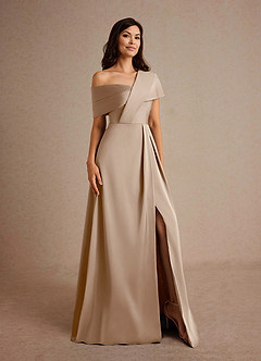 Azazie Milton Mother of the Bride Dresses Taupe A-Line Pleated Stretch Satin Dress image8