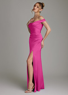 Azazie Teyana Robes de demoiselle d'honneur Robe Fourreau en Satin extensible Épaule décolletée Fuchsia image6