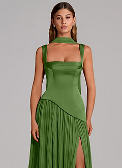 Azazie Stephanie Vestidos de damas de honor Vestido de Albahaca de Satén Elástico de Corte en A con Plisado image6
