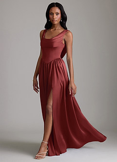 Azazie Novi Robes de demoiselle d'honneur Robe Trapèze en Satin extensible Avec poches Terracotta image6