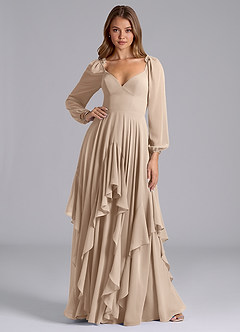 Azazie Karan Bridesmaid Dresses Taupe A-Line Long Sleeve Chiffon Dress image3