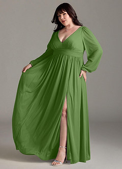 Azazie Norah Bridesmaid Dresses Basil A-Line V-Neck Long Sleeve Chiffon Dress image10