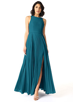 Azazie Lindie Abiti da Damigella Abito A-Line in Chiffon con Scollo a U a Pieghe Blu Inchiostro image1