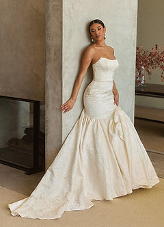 Azazie Quinta Wedding Dresses Antique White Mermaid Strapless Floral Jacquard Dress image4