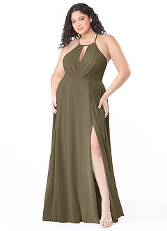 Azazie Evalleen Vestidos de damas de honor Vestido de Verde Sauce de Gasa de Corte en A con Plisado image9