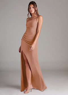 Azazie Eren Bridesmaid Dresses Champagne Rose Sheath One Shoulder Chiffon Dress image5