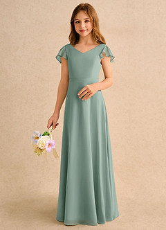 Azazie Nari Girls Formal Flower Girl Dresses Silver Sage A-Line with Sleeves Chiffon Dress image4