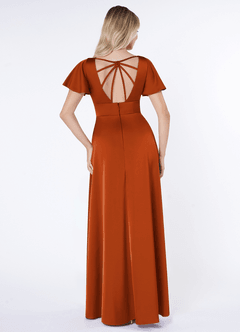 Azazie Lani Bridesmaid Dresses Burnt Orange A-Line Flounce Sleeve Stretch Satin Dress image2