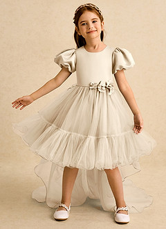 Azazie Cocoa Abiti da Ragazza di Fiori Abito Principessa in Tulle Plissettato Champagne image2