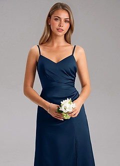 Azazie Azuree Vestidos de damas de honor Vestido de Azul Marino Oscuro de Satén Elástico de Corte en A con Plisado image8