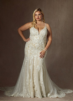 Azazie Camlynn Wedding Dresses Diamond White Nude Mermaid V-Neck Sequins Tulle Dress image11