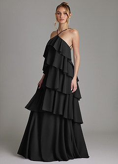 Azazie Deena Bridesmaid Dresses Black A-Line Ruched Chiffon Dress image5