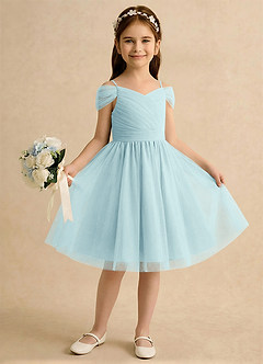Azazie Lila Girls Formal Robe Demoiselle D'honneur Fillette Robe Trapèze en Tulle Épaule décolletée Verre De Mer image4