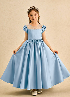 Azazie Toffee Robe Demoiselle D'honneur Fillette Robe Princesse en Mat Satiné Nœud Poudre Bleue image2