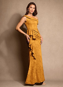 Azazie Hamptons Mother of the Bride Dresses Butterscotch A-Line Pleated Floral Burnout Dress image4