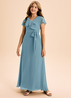 Azazie Lainey Junior Abito A-Line in Chiffon Con Tasche Blu Lunatico image4
