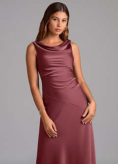 Azazie Nerine Brudtärnklänningar Klä av A-Linje i Stretch Satin Plisserad Desert Rose image6