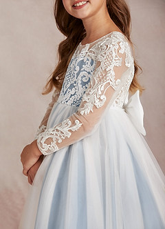 Azazie Elodie Flower Girl Dresses Ivory Dusty Blue Ball-Gown Lace Dress image7