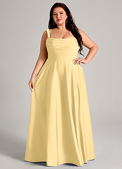 Azazie Shaude Bridesmaid Dresses Butter A-Line Pleated Stretch Satin Dress image12