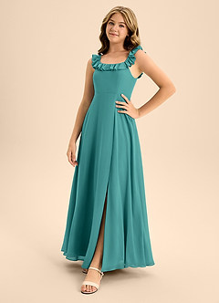 Azazie Callie Junior Abito A-Line in Chiffon Increspato Verde Pavone image3