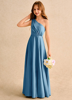 Azazie Puddles Girls Formal Sukienki dla dziewczynek sypiących kwiaty Linia A Jedno ramię Matowy satynowy Długość podłogi Sukienka image6