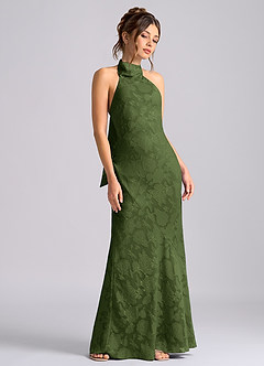 Azazie Velli Vestidos de damas de honor Vestido de Oliva de Devorado Floral de Corte Sirena con Cuello Alto image5