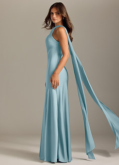 Azazie Kinsley Vestidos de damas de honor Vestido de Azul Malhumorado de Satén Elástico de Corte Sirena con Corte Lateral image4