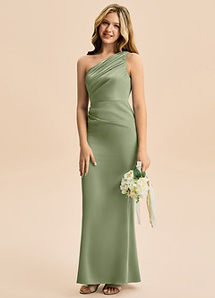Azazie Akilah Junior Pistachio Sheath Pleated Stretch Satin Dress image5