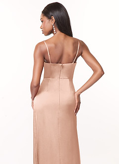 Azazie Maci Bridesmaid Dresses Rose Gold A-Line V-Neck Pleated Stretch Satin Dress image4