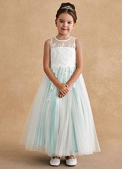 Azazie Bitsy Robe Demoiselle D'honneur Fillette Robe Trapèze en Tulle Dentelle Ivoire Aqua image4