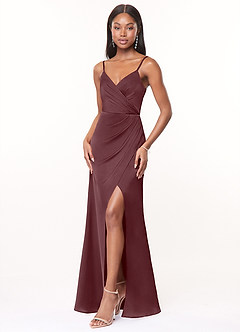 Azazie Maci Bridesmaid Dresses Sangria A-Line V-Neck Pleated Stretch Satin Dress image3