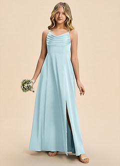 Azazie Gia Junior Robe Trapèze en Satin extensible Plissé Bleu Nuage image3
