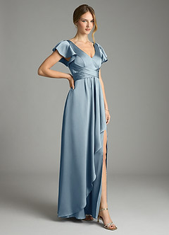 Azazie Omari Vestidos de damas de honor Vestido de Azul Polvoriento de Satén Elástico de Corte en A image5