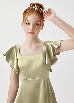 Azazie Bondi Junior Moss Green A-Line Side Slit Metallic Satin Dress image5