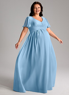 Azazie Verna Zwangerschaps Bruidsmeisjekleding A-Lijn V-hals Gerimpeld Chiffon Vloerlengte Jurk image9