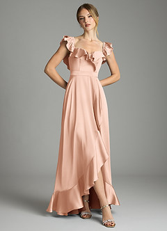 Azazie Lyra Bridesmaid Dresses Rose Gold A-Line Off the Shoulder Stretch Satin Convertible Dress image3