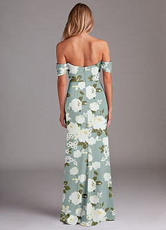 Azazie Saige Bridesmaid Dresses Misty Floral Garden Sheath Off the Shoulder Stretch Satin Dress image10